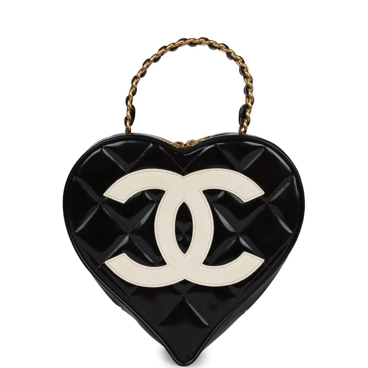 Chanel Vintage Chanel Heart Vanity Bag Black and White Patent Antique Gold Hardware | Image 1 Chanel Vintage Chanel Heart Vanity Bag Black and White Patent Antique Gold Hardware | Image 1