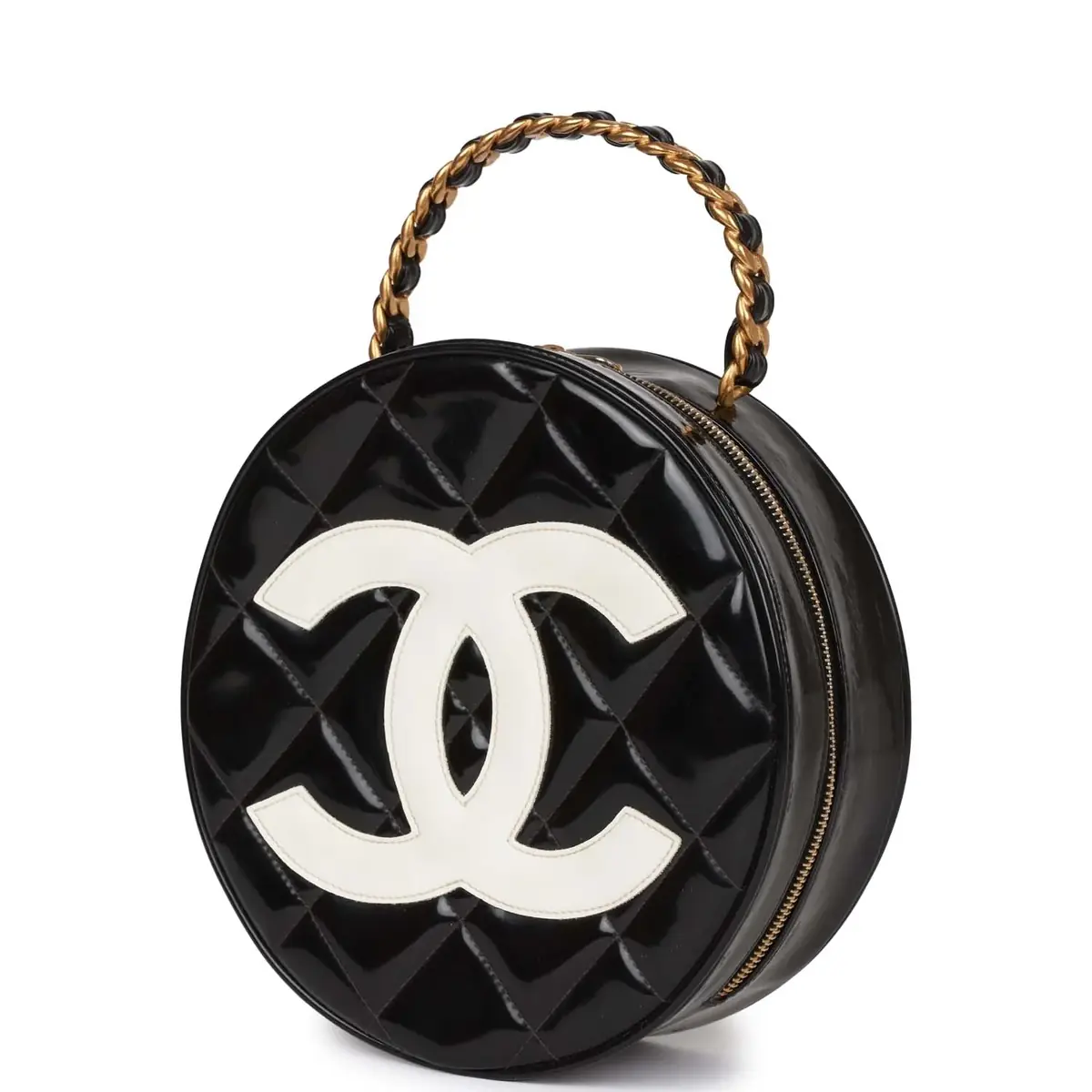Chanel Vintage Chanel Round Vanity Bag Black and White Patent Leather Antique Gold Hardware | Thumbnail 4 Chanel Vintage Chanel Round Vanity Bag Black and White Patent Leather Antique Gold Hardware | Thumbnail 4