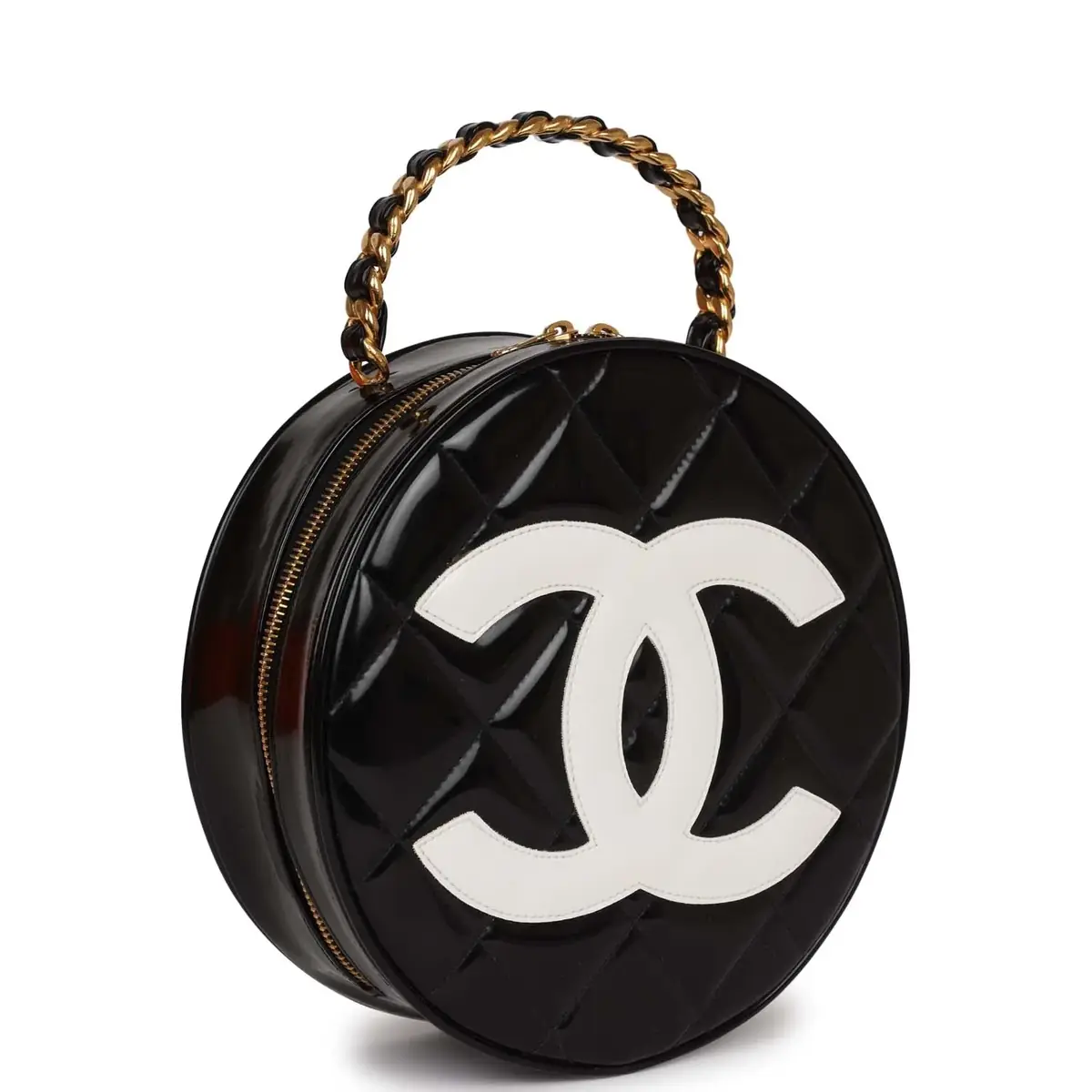 Chanel Vintage Chanel Round Vanity Bag Black and White Patent Leather Antique Gold Hardware | Thumbnail 2 Chanel Vintage Chanel Round Vanity Bag Black and White Patent Leather Antique Gold Hardware | Thumbnail 2