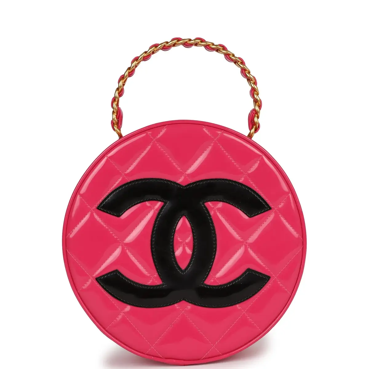 Chanel Vintage Chanel Round Vanity Bag Pink and Black Patent Leather Antique Gold Hardware | Image 1 Chanel Vintage Chanel Round Vanity Bag Pink and Black Patent Leather Antique Gold Hardware | Image 1