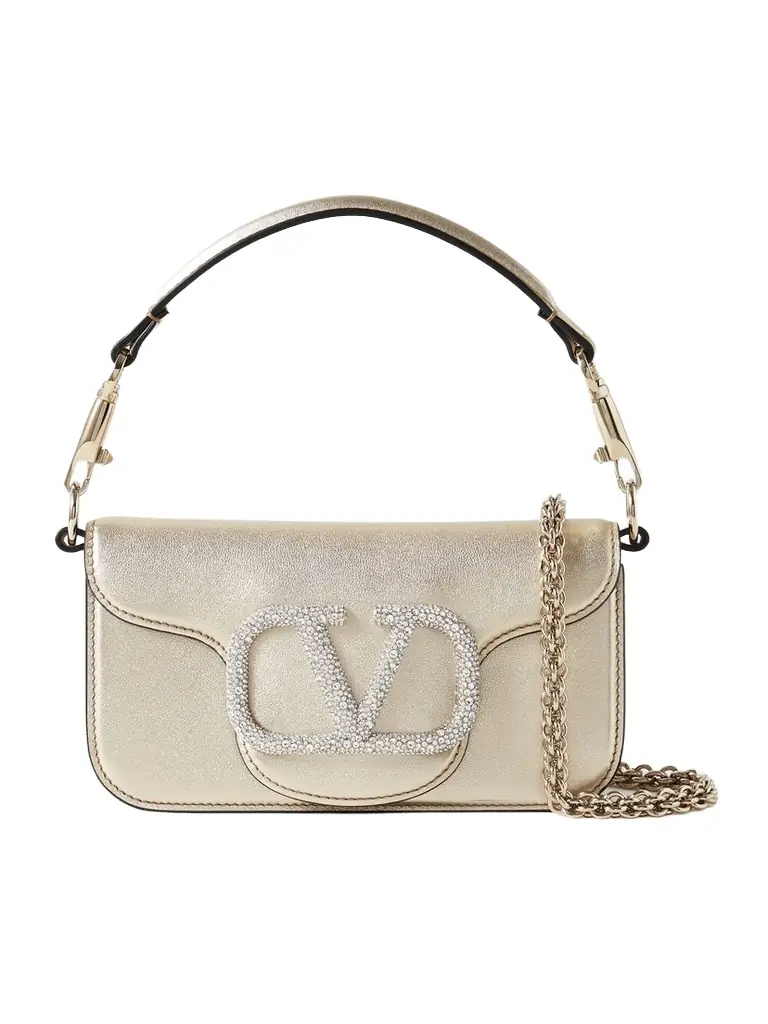 Valentino Garavani Locò Swarovski Small Crystal-embellished Metallic Leather Shoulder Bag | Image 1 Valentino Garavani Locò Swarovski Small Crystal-embellished Metallic Leather Shoulder Bag | Image 1