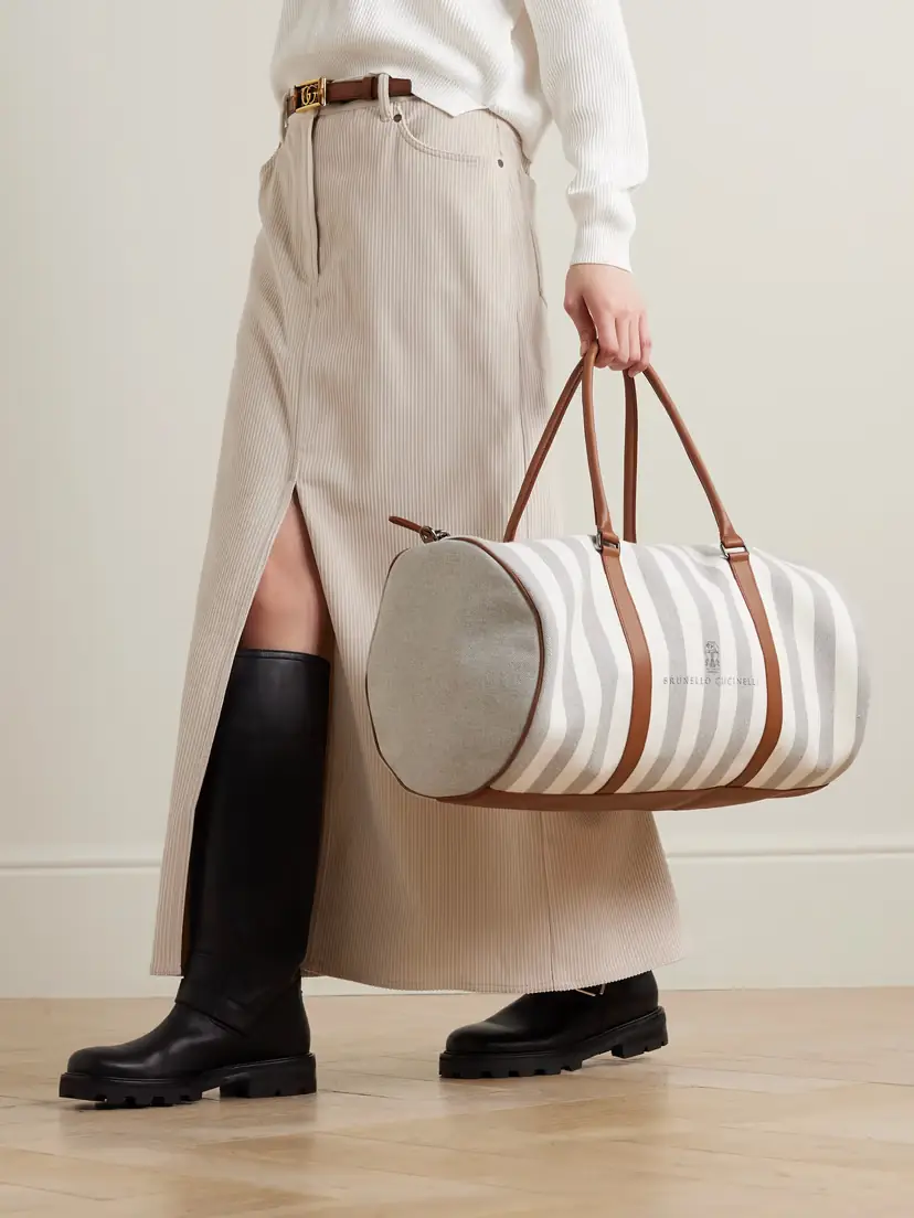 Brunello Cucinelli Leather-trimmed Striped Canvas Duffle Bag | Thumbnail 2 Brunello Cucinelli Leather-trimmed Striped Canvas Duffle Bag | Thumbnail 2