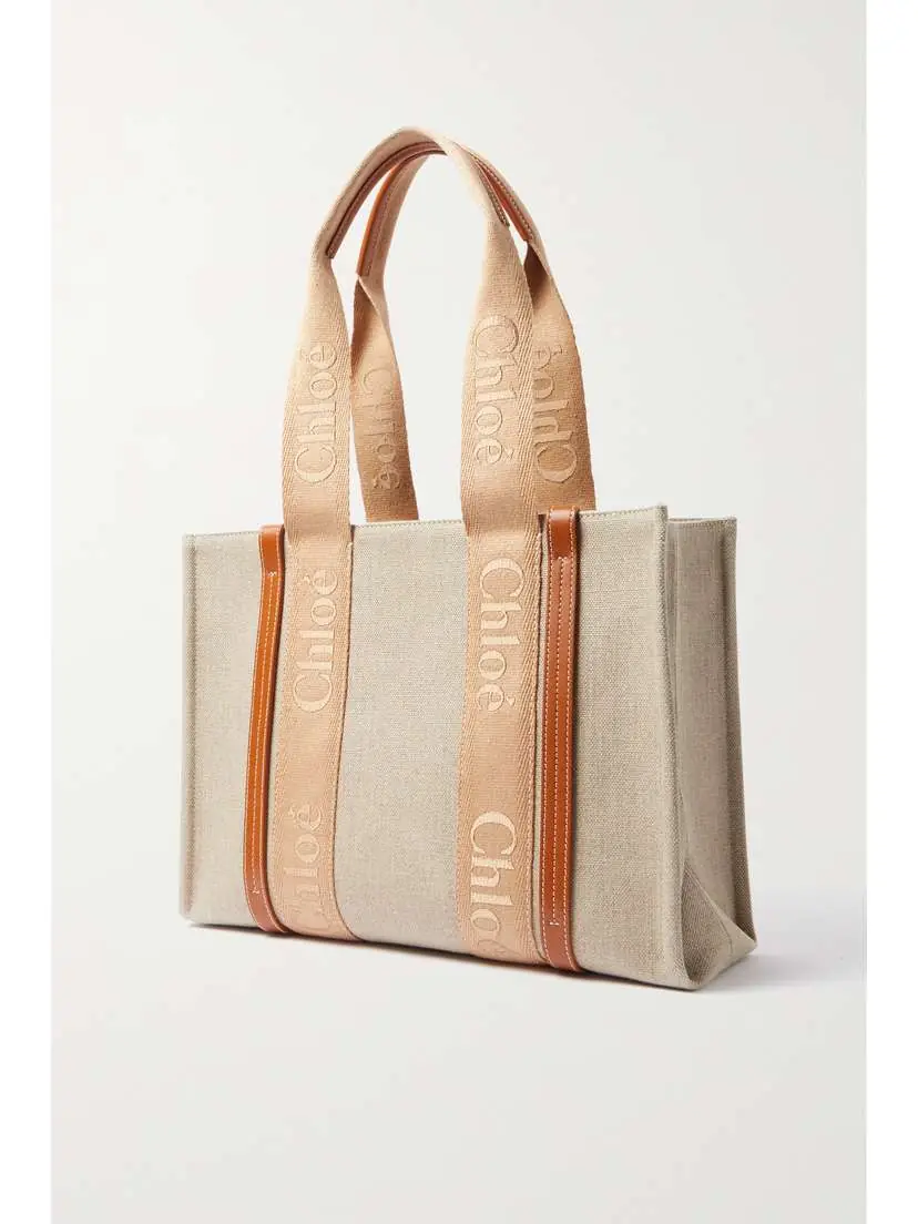 Chloé Woody Medium Leather And Webbing-trimmed Linen Tote | Thumbnail 3 Chloé Woody Medium Leather And Webbing-trimmed Linen Tote | Thumbnail 3