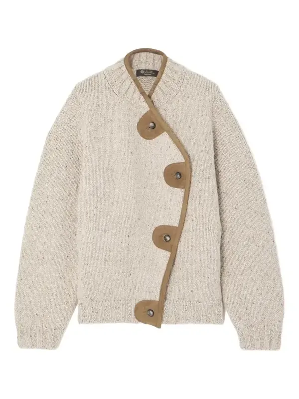 Loro Piana Newcastle Asymmetric Suede-trimmed Wool And Cashmere-blend Cardigan - Neutrals