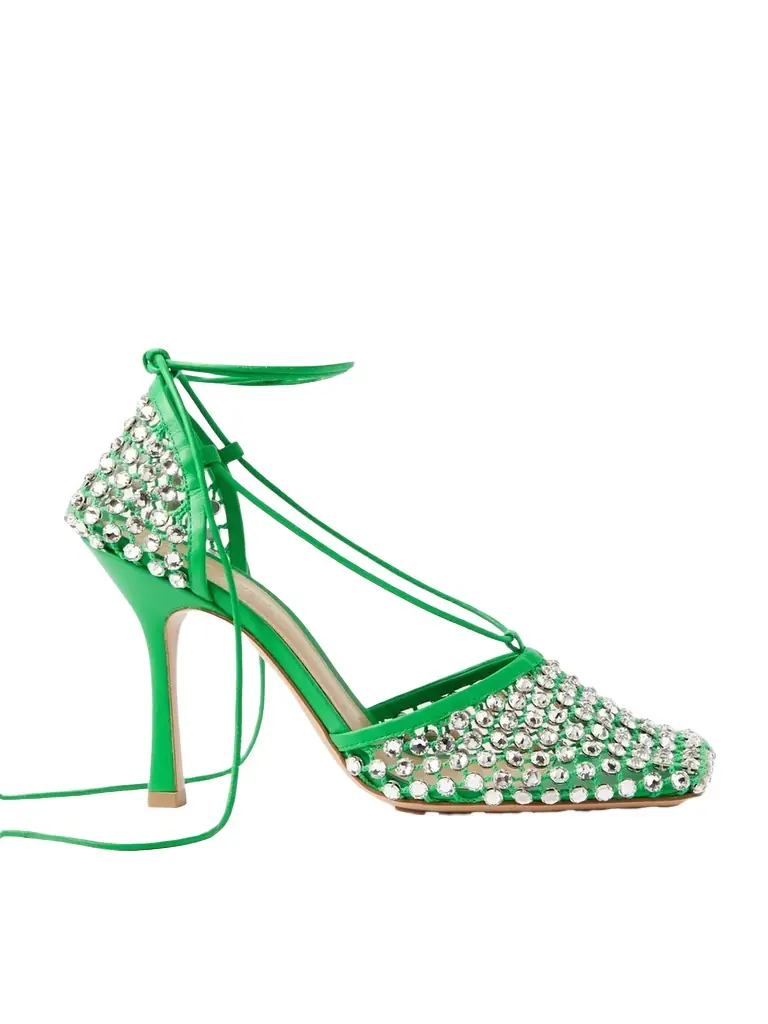Bottega Veneta Leather-trimmed Crystal-embellished Mesh Pumps - Green | Image 1 Bottega Veneta Leather-trimmed Crystal-embellished Mesh Pumps - Green | Image 1