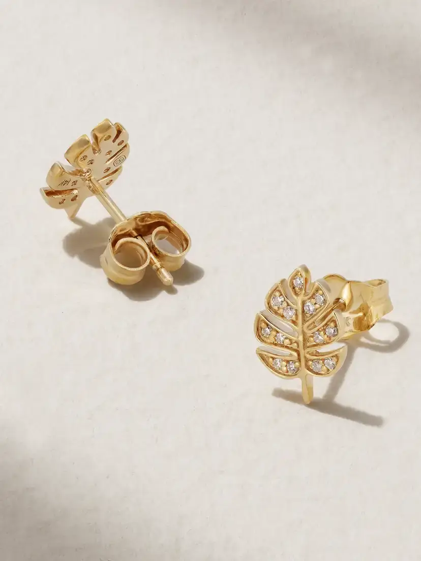 Sydney Evan Tiny Monstera Leaf 14-karat Gold Diamond Earrings | Thumbnail 3
