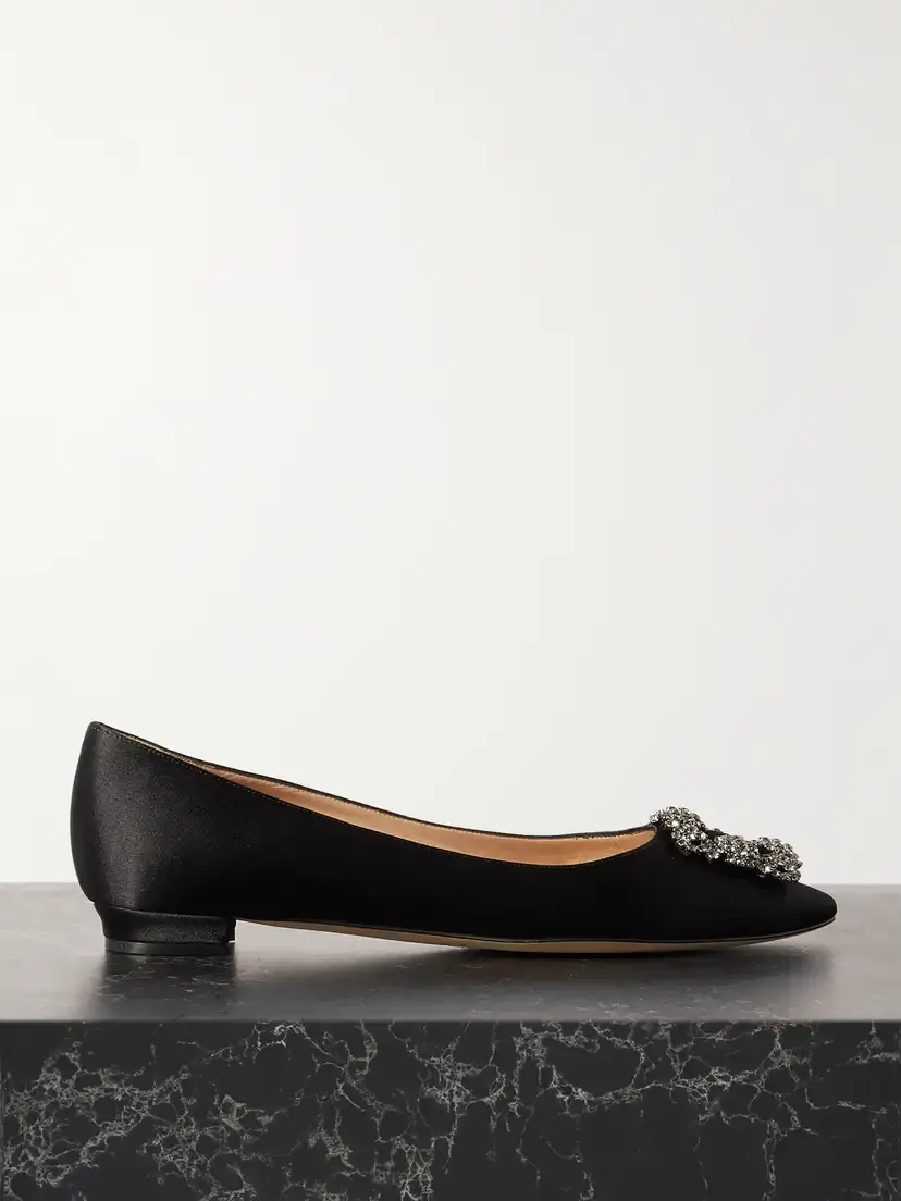 Manolo Blahnik Hangisi Crystal-embellished Satin Point-toe Flats | Image 1 Manolo Blahnik Hangisi Crystal-embellished Satin Point-toe Flats | Image 1