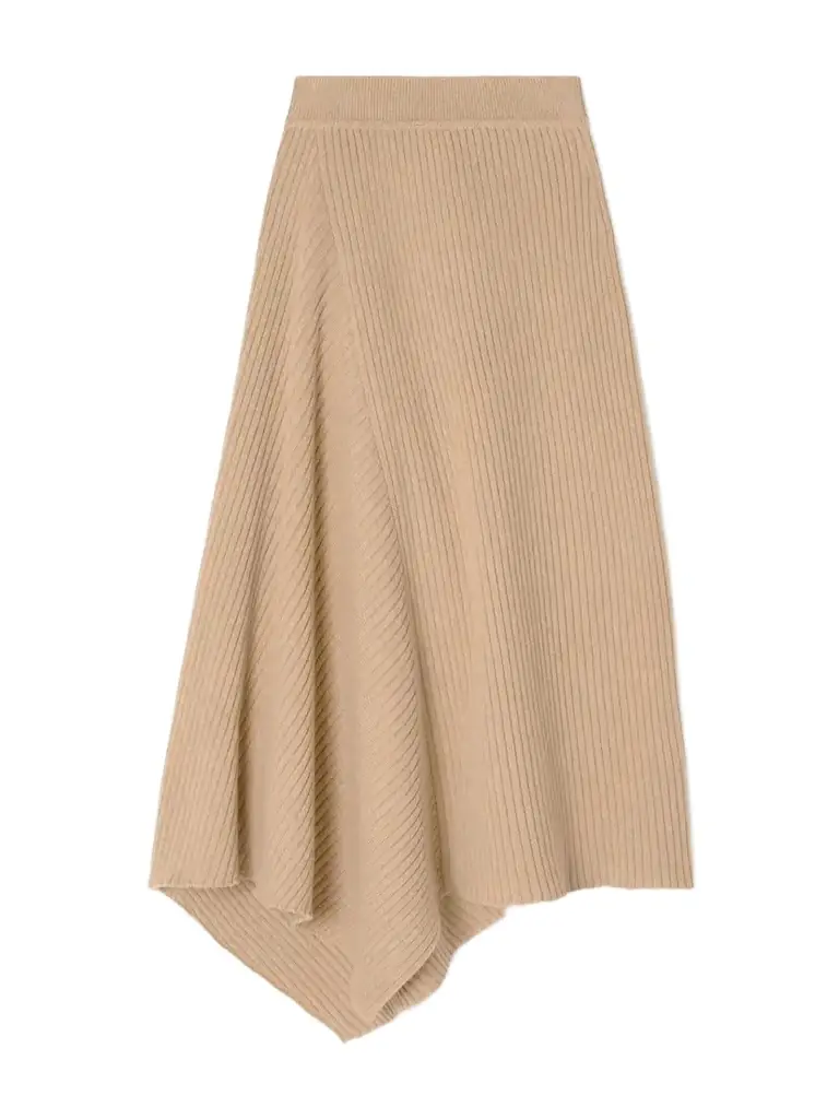 Asymmetric Ribbed Cashmere Midi Skirt