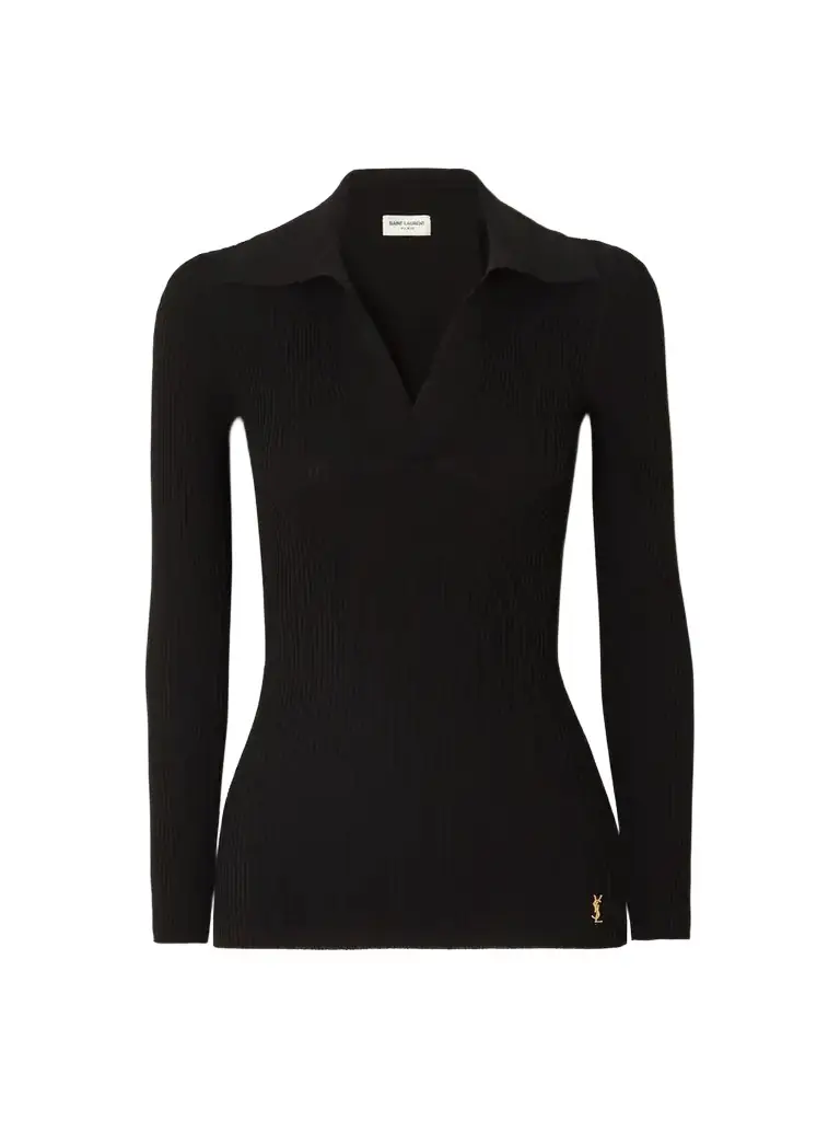 Saint Laurent Embellished Ribbed-knit Polo Sweater | Image 1 Saint Laurent Embellished Ribbed-knit Polo Sweater | Image 1