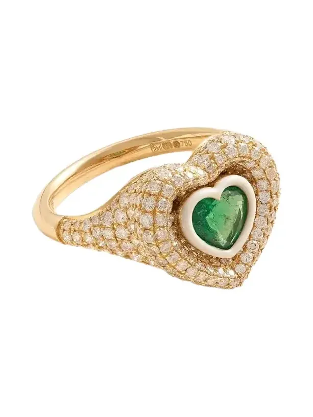 18-karat Gold, Enamel, Diamond And Emerald Ring - Green