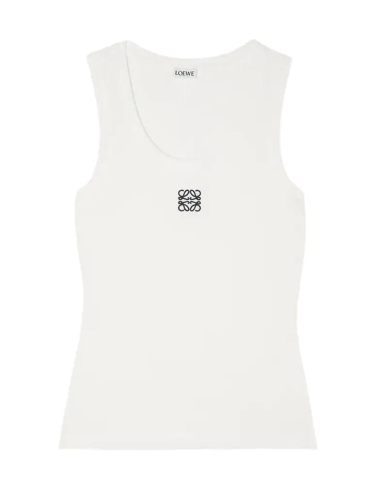 Embroidered Ribbed Stretch-cotton Tank