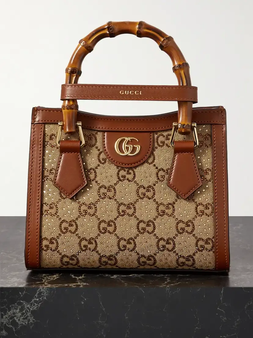 Gucci Diana Mini Leather-trimmed Crystal-embellished Canvas-jacquard Tote | Image 1 Gucci Diana Mini Leather-trimmed Crystal-embellished Canvas-jacquard Tote | Image 1