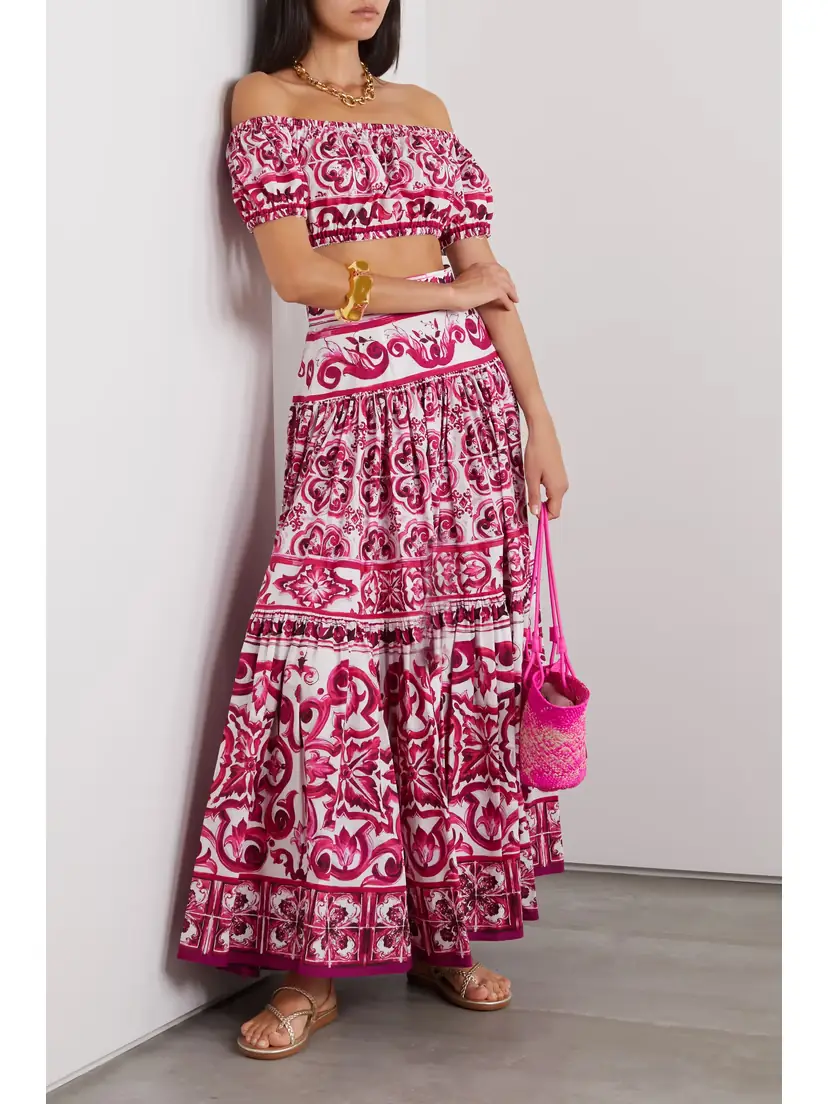Dolce & Gabbana Maiolica Off-the-shoulder Printed Cotton-poplin Top | Thumbnail 2