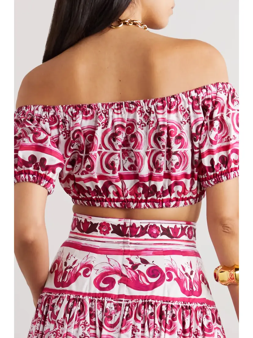 Dolce & Gabbana Maiolica Off-the-shoulder Printed Cotton-poplin Top | Thumbnail 3