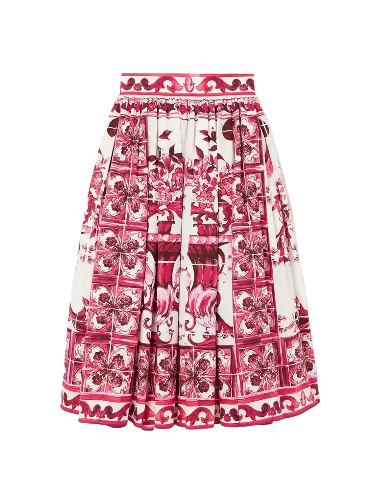 Maiolica Pleated Printed Cotton-poplin Midi Skirt