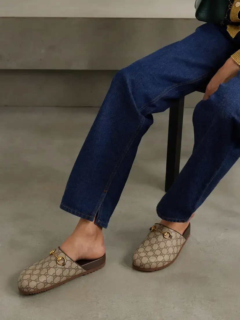 Gucci Sol Embellished Leather-trimmed Canvas-jacquard Slippers | Thumbnail 2 Gucci Sol Embellished Leather-trimmed Canvas-jacquard Slippers | Thumbnail 2