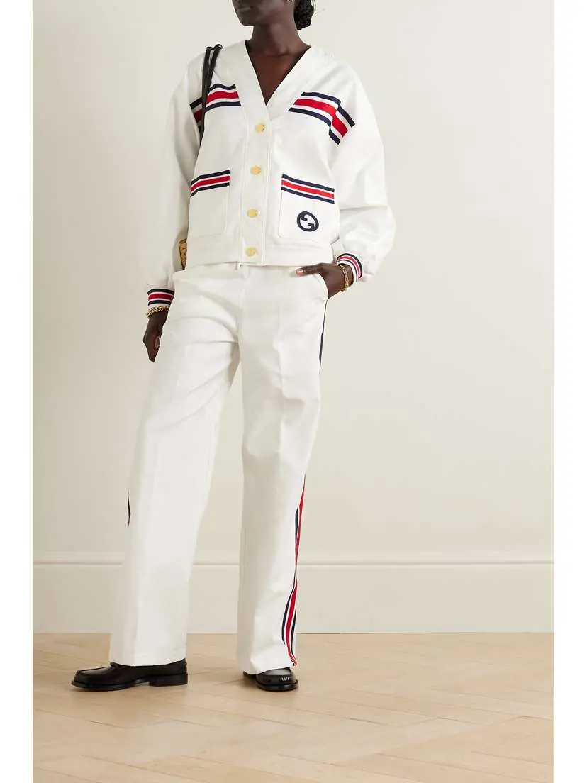 Gucci Appliquéd Webbing-trimmed Jersey-jacquard Cardigan | Thumbnail 2 Gucci Appliquéd Webbing-trimmed Jersey-jacquard Cardigan | Thumbnail 2