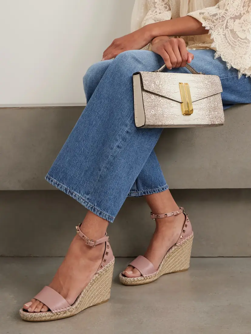 Valentino Garavani Rockstud 105 Textured-leather Espadrille Wedge Sandals | Thumbnail 2 Valentino Garavani Rockstud 105 Textured-leather Espadrille Wedge Sandals | Thumbnail 2