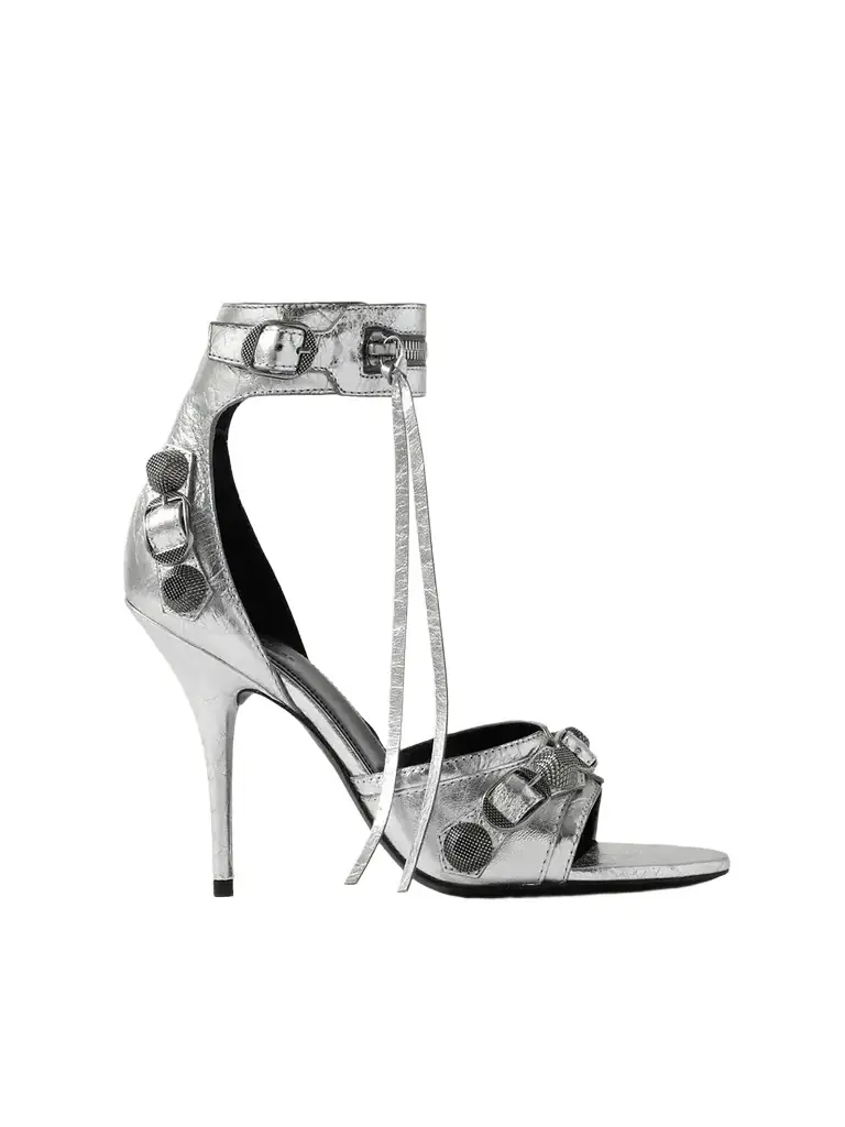Balenciaga Cagole Embellished Metallic Crinkled-leather Sandals | Image 1 Balenciaga Cagole Embellished Metallic Crinkled-leather Sandals | Image 1