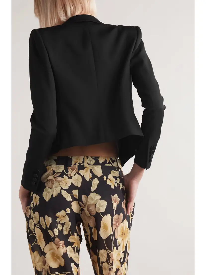Saint Laurent Cropped Satin-trimmed Grain De Poudre Wool Jacket | Thumbnail 3 Saint Laurent Cropped Satin-trimmed Grain De Poudre Wool Jacket | Thumbnail 3