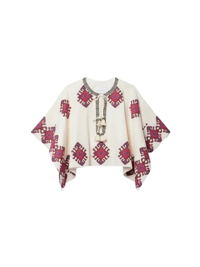 + Net Sustain Bushveld Tie-detailed Embroidered Cotton Poncho
