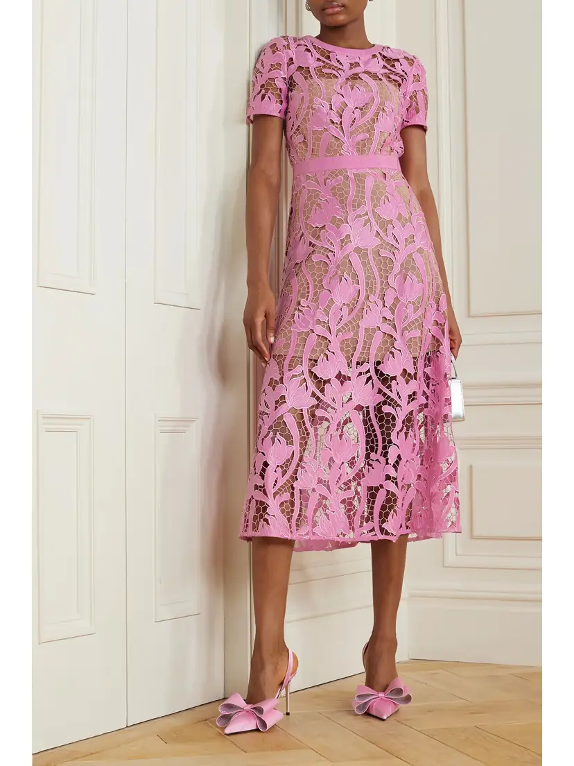 Self-Portrait Grosgrain-trimmed Embroidered Satin And Guipure Lace Midi Dress | Thumbnail 2 Self-Portrait Grosgrain-trimmed Embroidered Satin And Guipure Lace Midi Dress | Thumbnail 2