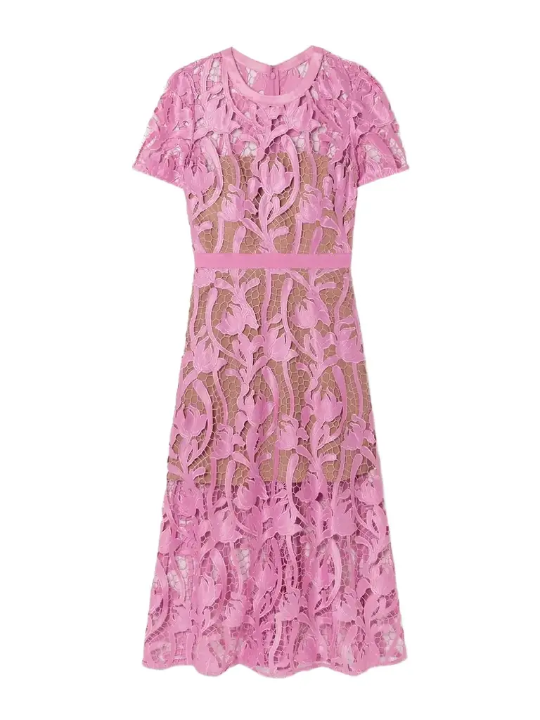 Self-Portrait Grosgrain-trimmed Embroidered Satin And Guipure Lace Midi Dress | Thumbnail 1 Self-Portrait Grosgrain-trimmed Embroidered Satin And Guipure Lace Midi Dress | Thumbnail 1