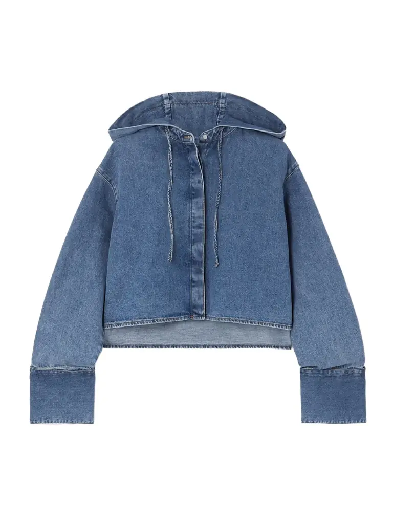 Hooded Cropped Appliquéd Denim Shirt