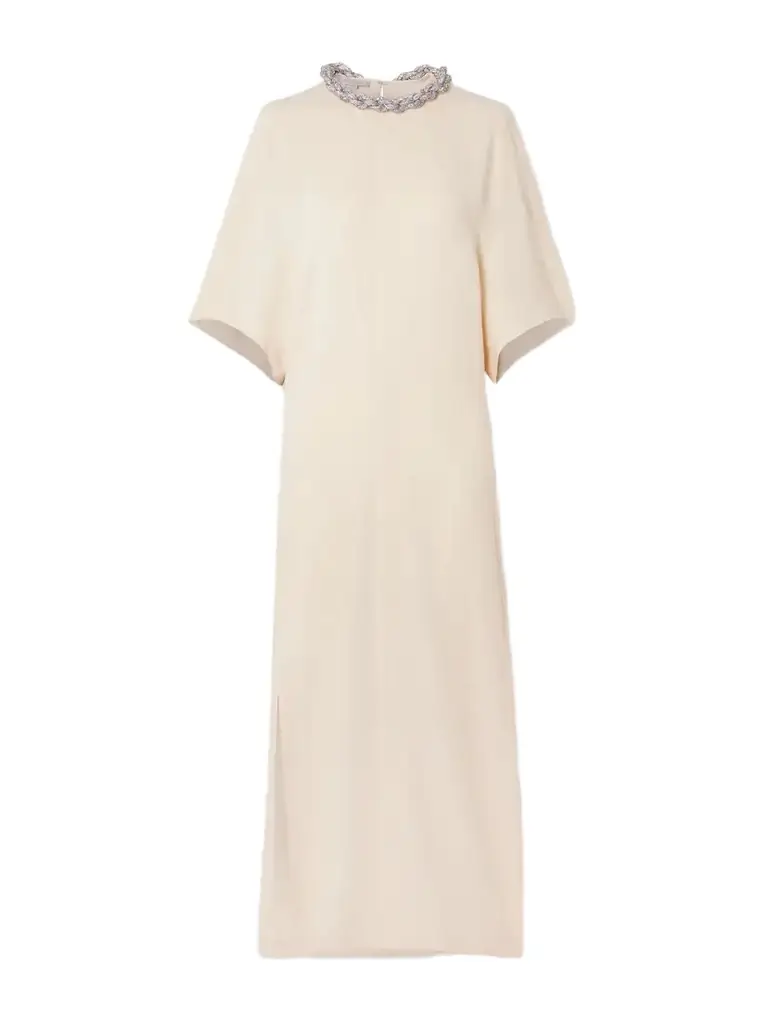 Stella McCartney Falabella Crystal-embellished Paneled Cady Maxi Dress | Thumbnail 1 Stella McCartney Falabella Crystal-embellished Paneled Cady Maxi Dress | Thumbnail 1