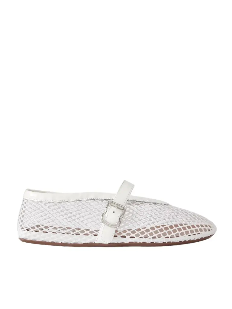Patent Leather-trimmed Mesh Ballet Flats