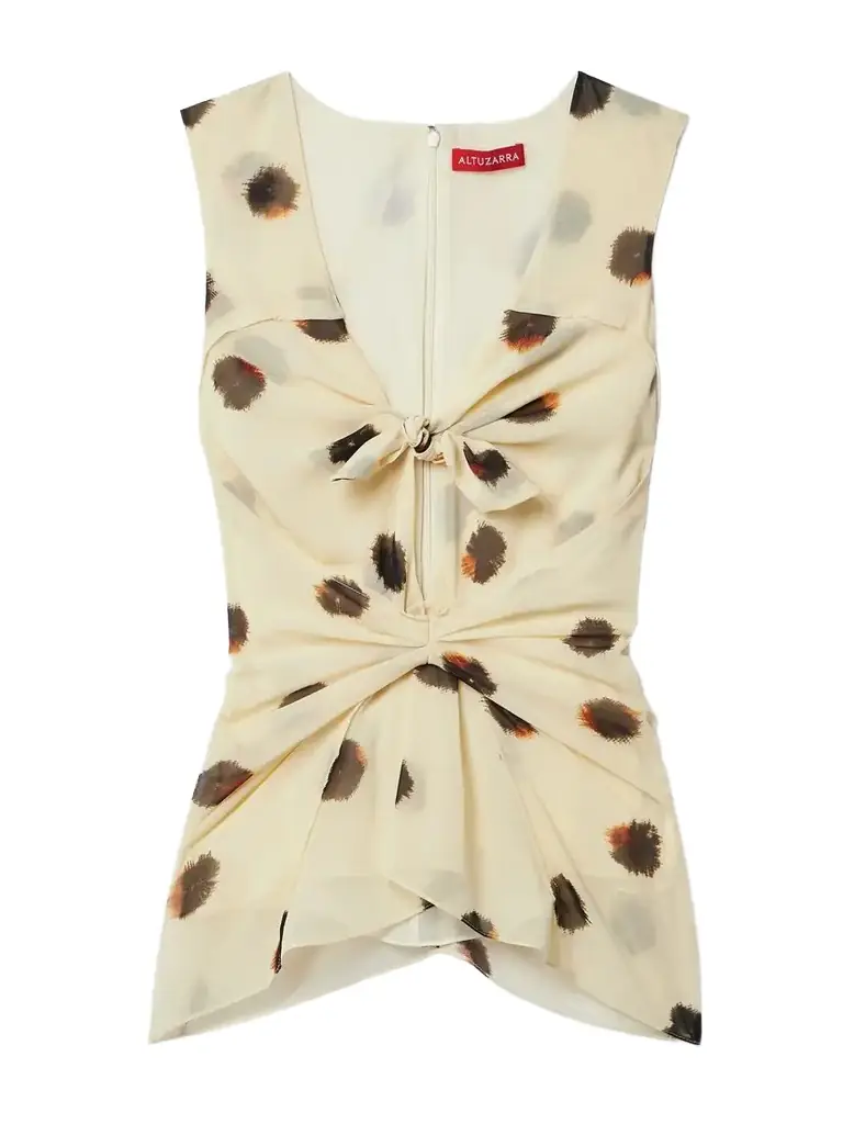 Pan Tie-front Gathered Polka-dot Crepe De Chine Top