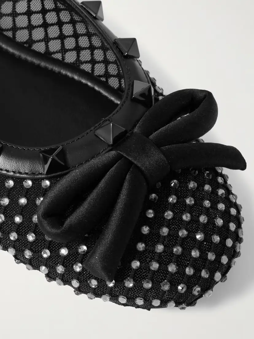 Valentino Garavani Rockstud Leather And Satin-trimmed Crystal-embellished Tulle Ballet Flats | Thumbnail 4