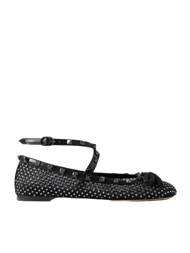 Rockstud Leather And Satin-trimmed Crystal-embellished Tulle Ballet Flats
