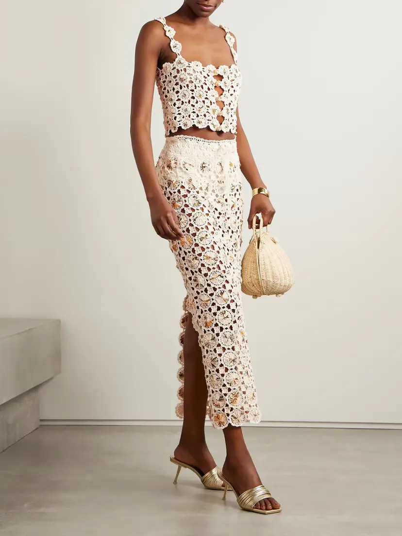 Agua by Agua Bendita + Net Sustain Zilia Caracola Cropped Embellished Printed Crepe And Crocheted Cotton Top | Thumbnail 2 Agua by Agua Bendita + Net Sustain Zilia Caracola Cropped Embellished Printed Crepe And Crocheted Cotton Top | Thumbnail 2