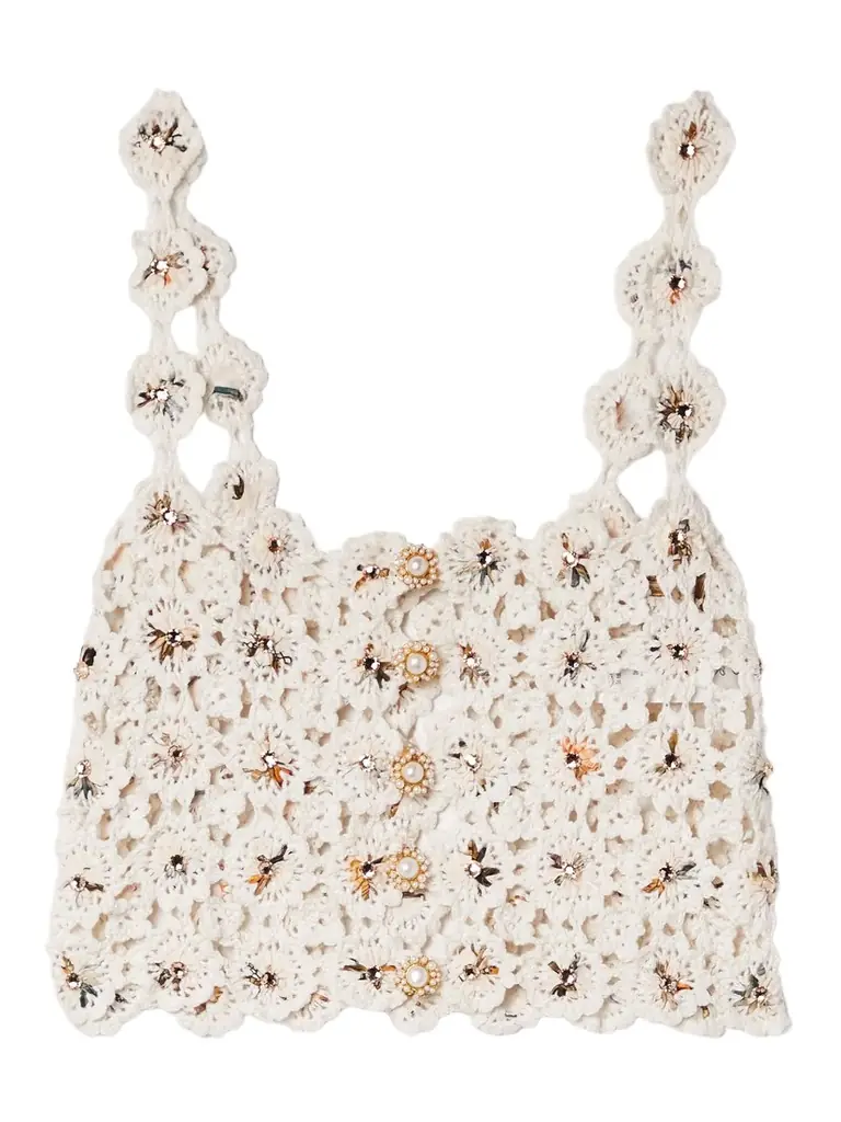 + Net Sustain Zilia Caracola Cropped Embellished Printed Crepe And Crocheted Cotton Top