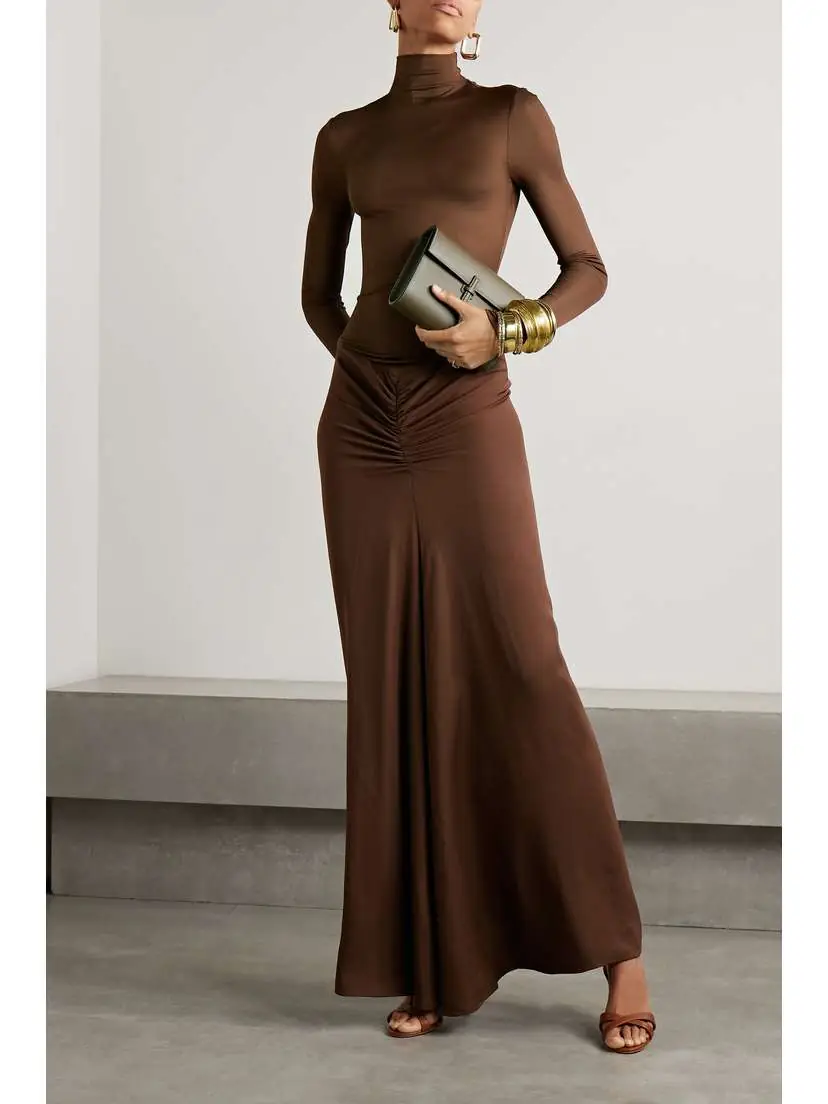 Christopher Esber Fusion Gathered Stretch-jersey And Stretch-crepe Turtleneck Maxi Dress - UK 14 | Thumbnail 2 Christopher Esber Fusion Gathered Stretch-jersey And Stretch-crepe Turtleneck Maxi Dress - UK 14 | Thumbnail 2