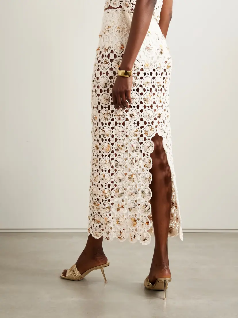 Agua by Agua Bendita + Net Sustain Arroyo Caracola Embellished Printed Crepe And Crocheted Cotton Midi Skirt | Thumbnail 3 Agua by Agua Bendita + Net Sustain Arroyo Caracola Embellished Printed Crepe And Crocheted Cotton Midi Skirt | Thumbnail 3