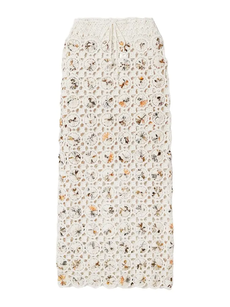 + Net Sustain Arroyo Caracola Embellished Printed Crepe And Crocheted Cotton Midi Skirt