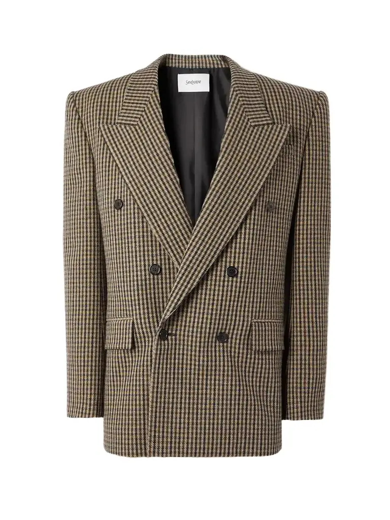 Double-breasted Checked Wool-blend Blazer