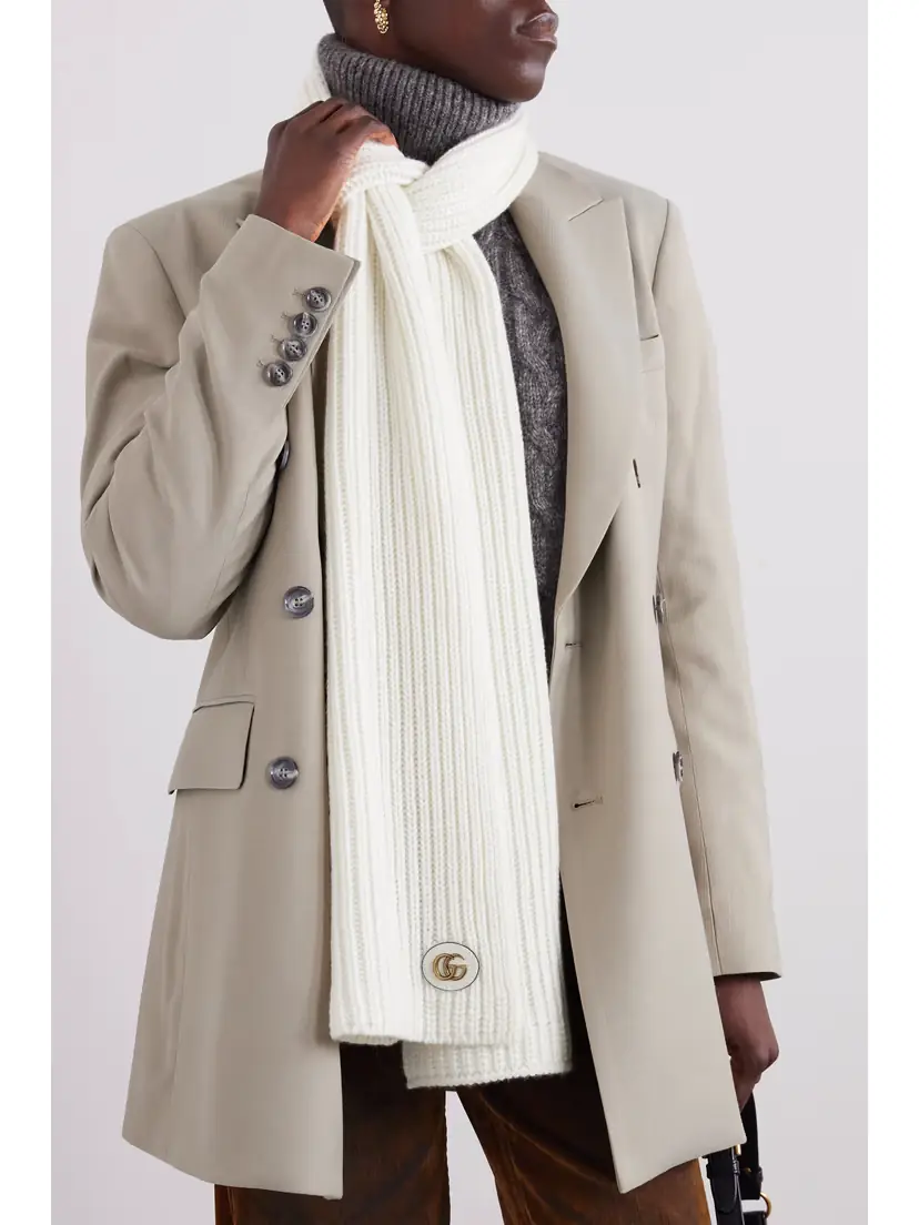 Gucci Embellished Leather-trimmed Ribbed Wool And Cashmere-blend Scarf | Thumbnail 2