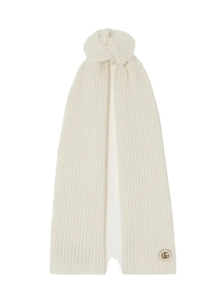 Embellished Leather-trimmed Ribbed Wool And Cashmere-blend Scarf Embellished Leather-trimmed Ribbed Wool And Cashmere-blend Scarf