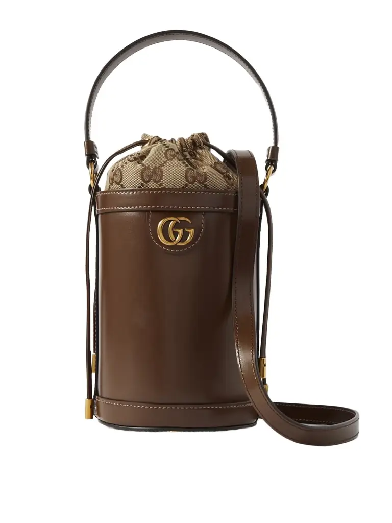 Gucci Ophidia Mini Leather And Canvas-jacquard Bucket Bag | Thumbnail 1 Gucci Ophidia Mini Leather And Canvas-jacquard Bucket Bag | Thumbnail 1