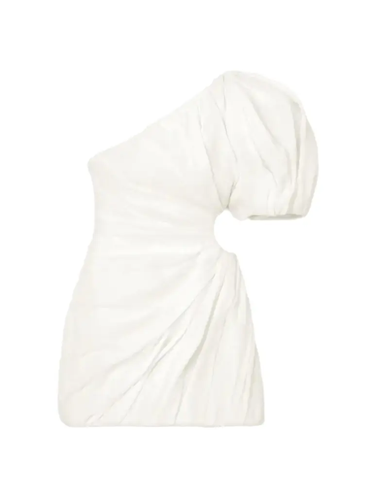 One-shoulder Cut-out Gathered Ramie Mini Dress