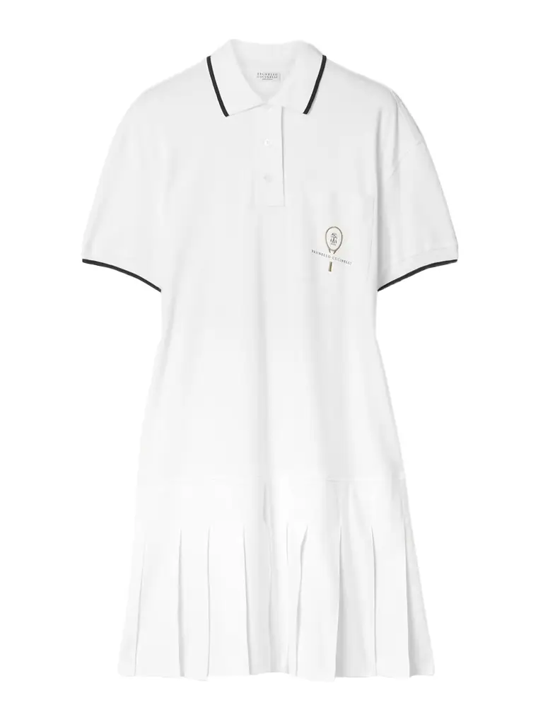 Tennis Pleated Embroidered Cotton-jersey Mini Dress