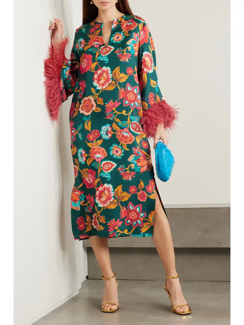 La DoubleJ Feather-trimmed Floral-print Silk-twill Kaftan | Thumbnail 2 La DoubleJ Feather-trimmed Floral-print Silk-twill Kaftan | Thumbnail 2
