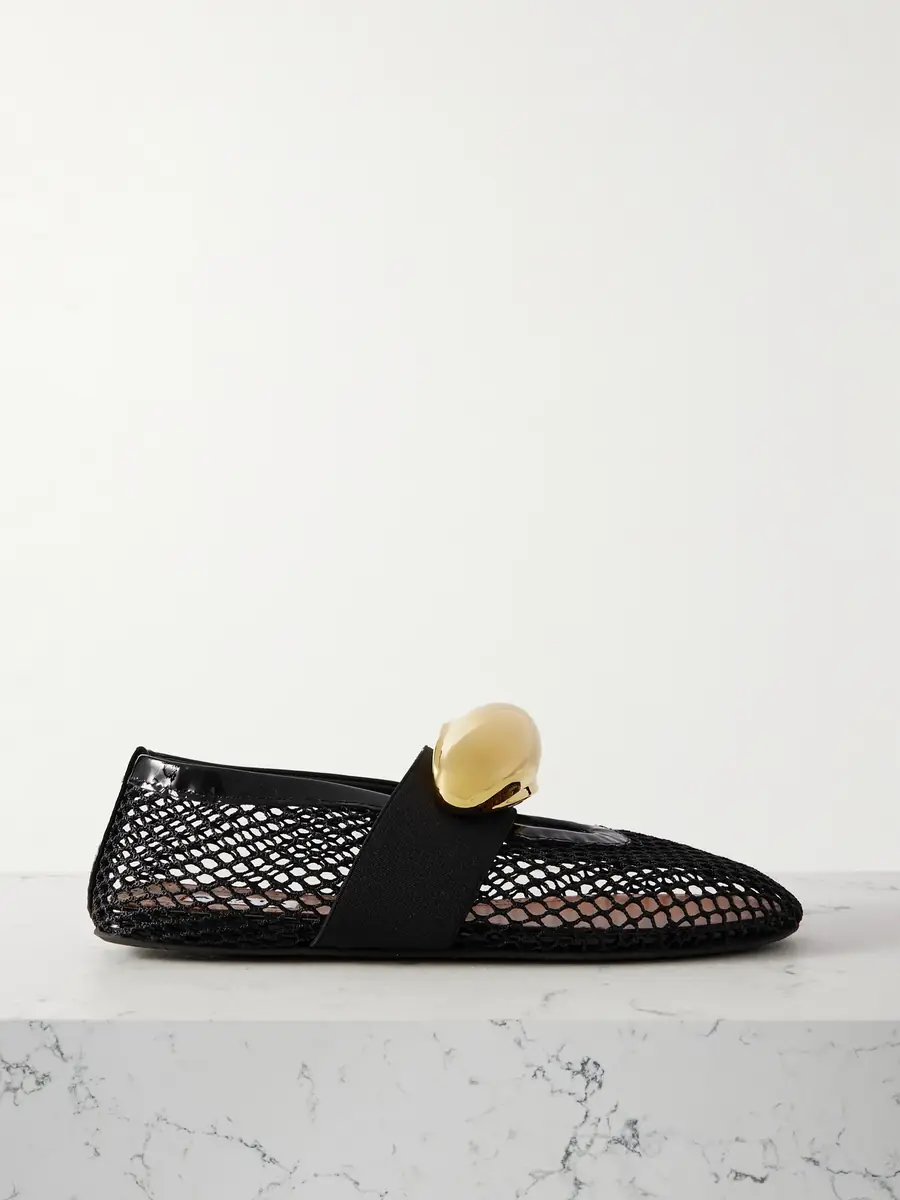 Embellished Patent Leather-trimmed Mesh Ballet Flats