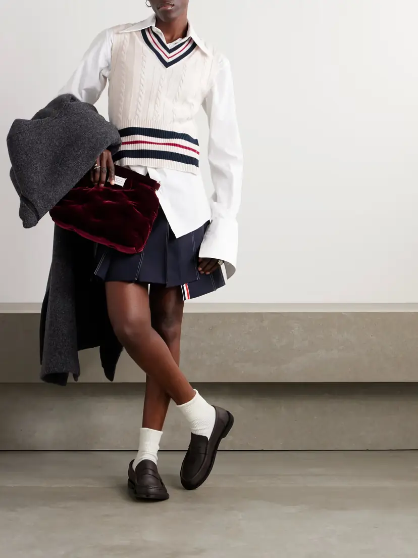 Thom Browne Button-detailed Striped Cable-knit Cashmere Vest | Thumbnail 2 Thom Browne Button-detailed Striped Cable-knit Cashmere Vest | Thumbnail 2