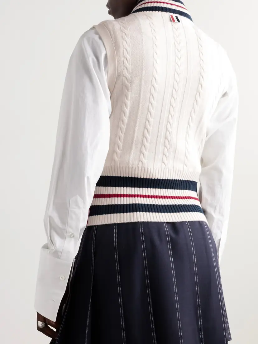Thom Browne Button-detailed Striped Cable-knit Cashmere Vest | Thumbnail 3 Thom Browne Button-detailed Striped Cable-knit Cashmere Vest | Thumbnail 3