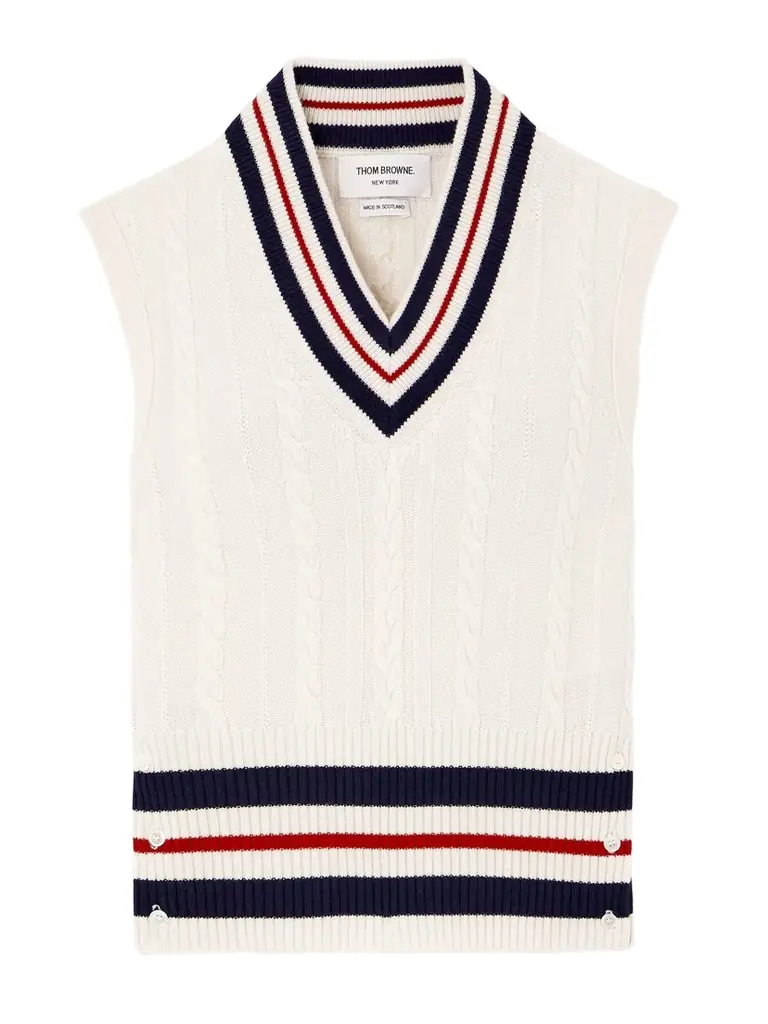 Button-detailed Striped Cable-knit Cashmere Vest