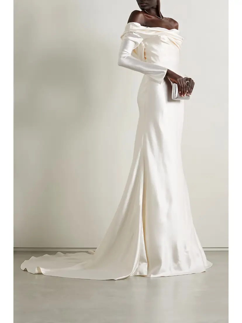 Danielle Frankel Noa Off-the-shoulder Draped Wool And Silk-blend Charmeuse Gown | Thumbnail 3 Danielle Frankel Noa Off-the-shoulder Draped Wool And Silk-blend Charmeuse Gown | Thumbnail 3